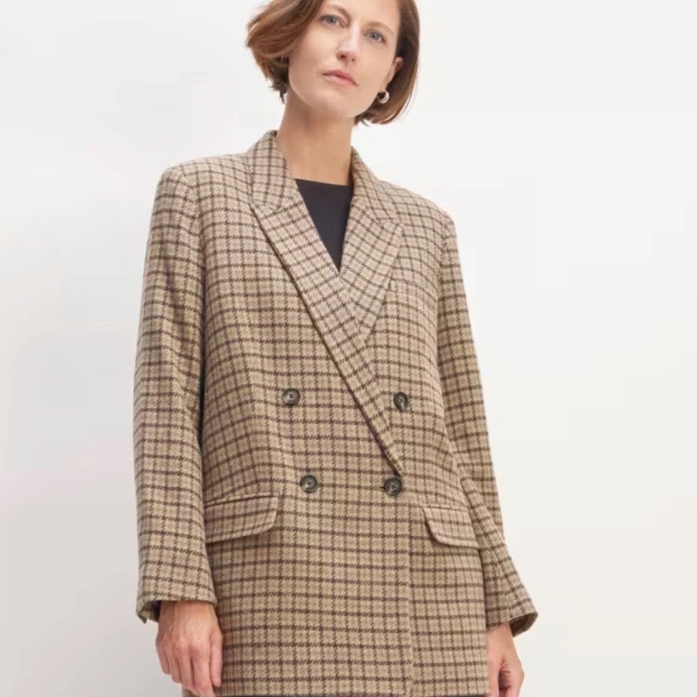 Everlane The ReWool Double-Breasted Blazer Brown Houndstooth Tan NWT Oversized